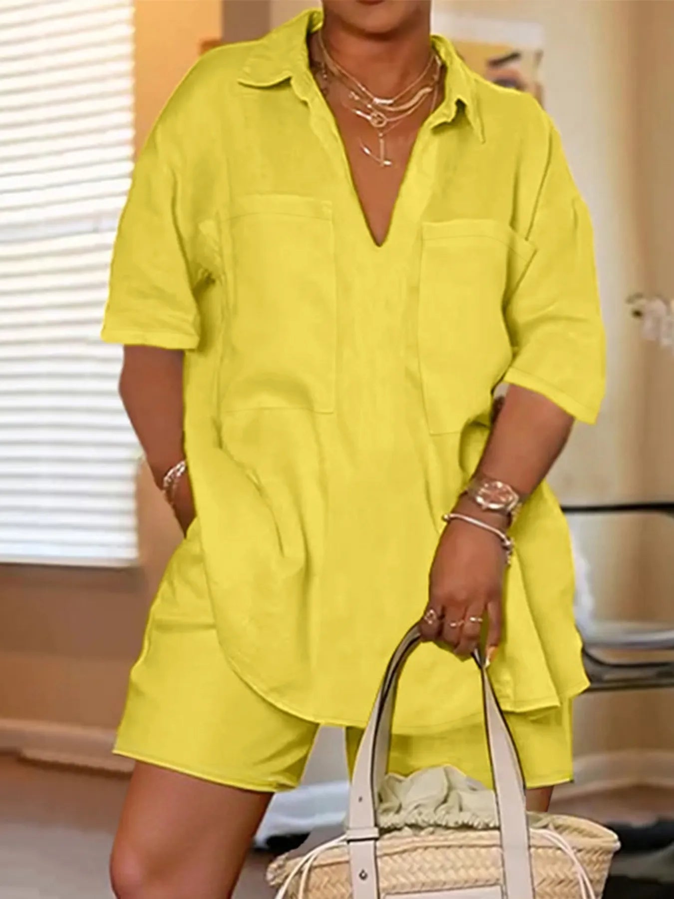 Stylish Plus Size 2-Piece Top and Shorts Set in Yellow with Pockets and Button-Down Design