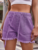 Drawstring Raw Hem Denim Shorts Purple