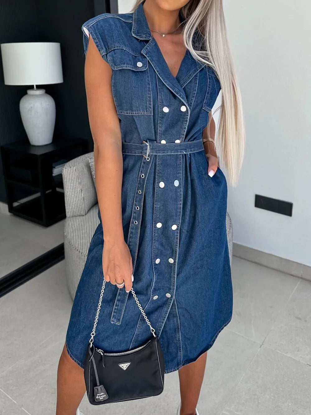 Stylish Collared Cap Sleeve Denim Dress with Belt - Slightly Stretchy Fabric, Perfect for Casual Outings