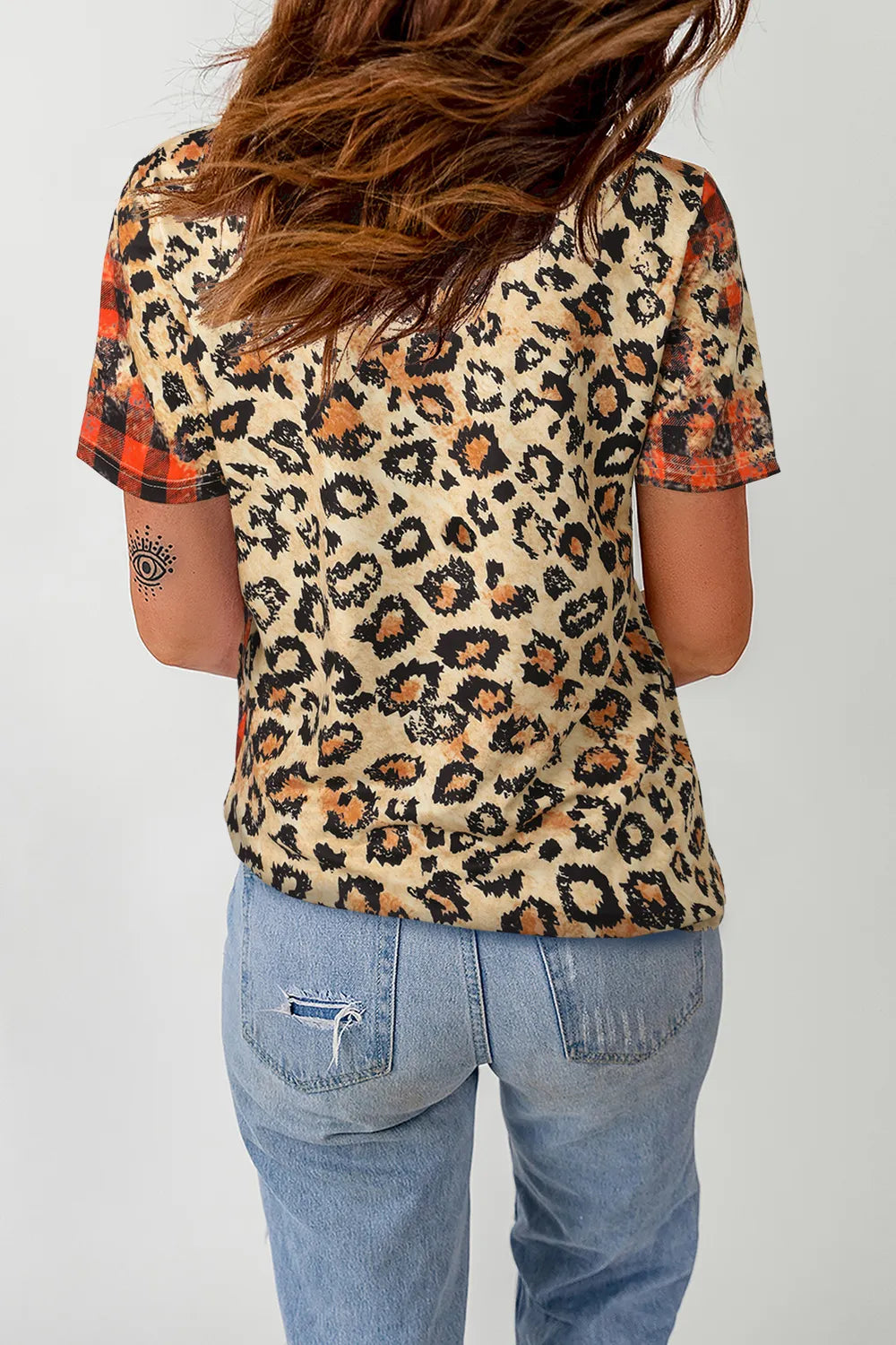 Trendsi Leopard Print Round Neck Short Sleeve T-Shirt - Opaque, Slightly Stretchy Fabric
