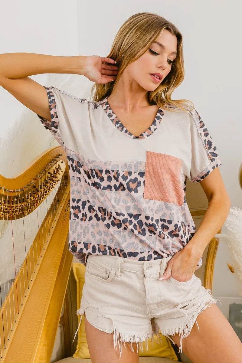 BiBi Leopard Stripe with Slub Terry Color Block T-Shirt - Store 42