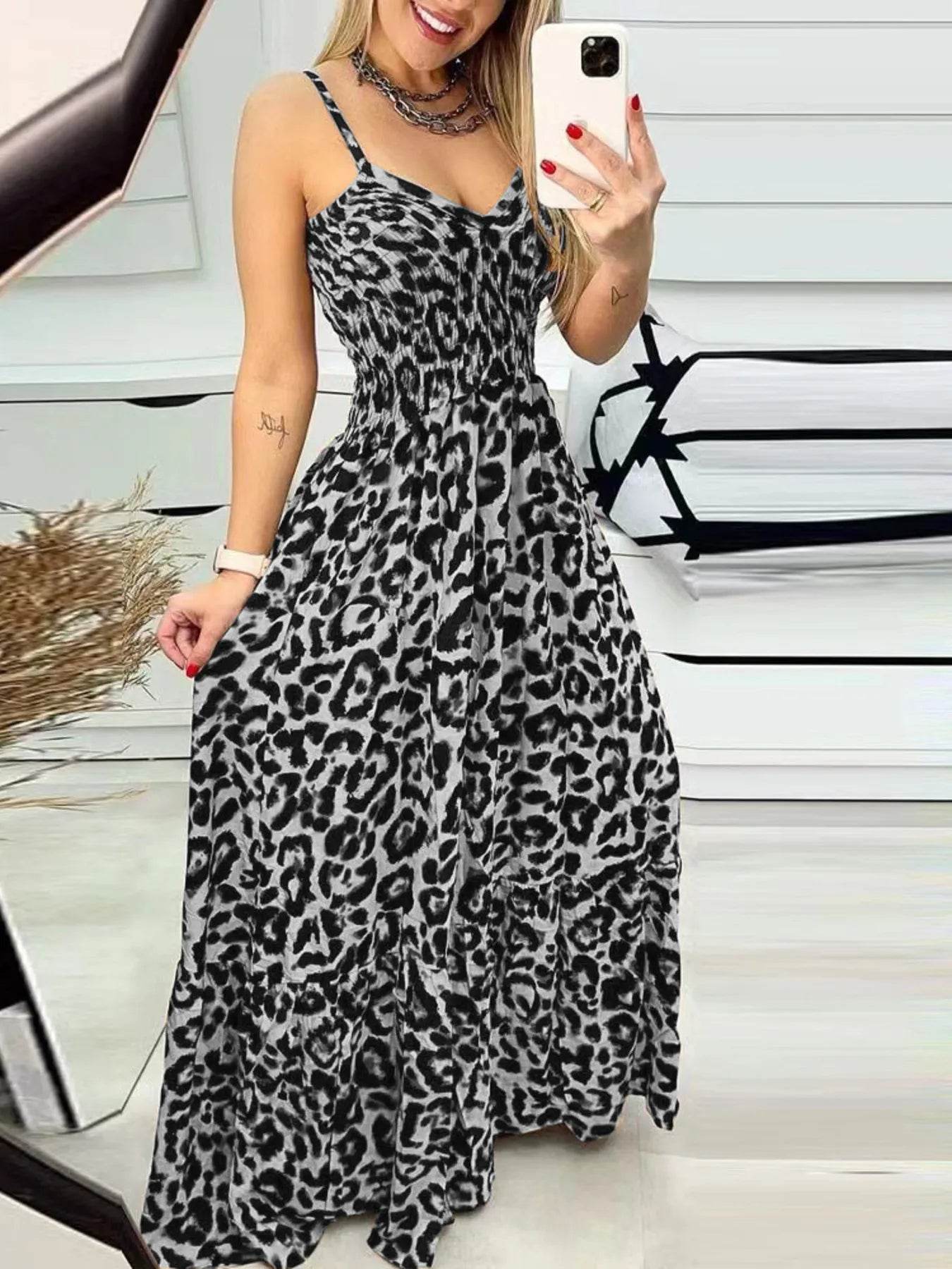 Full Size Leopard Print Spaghetti Strap Maxi Dress Plus Size - Store 42