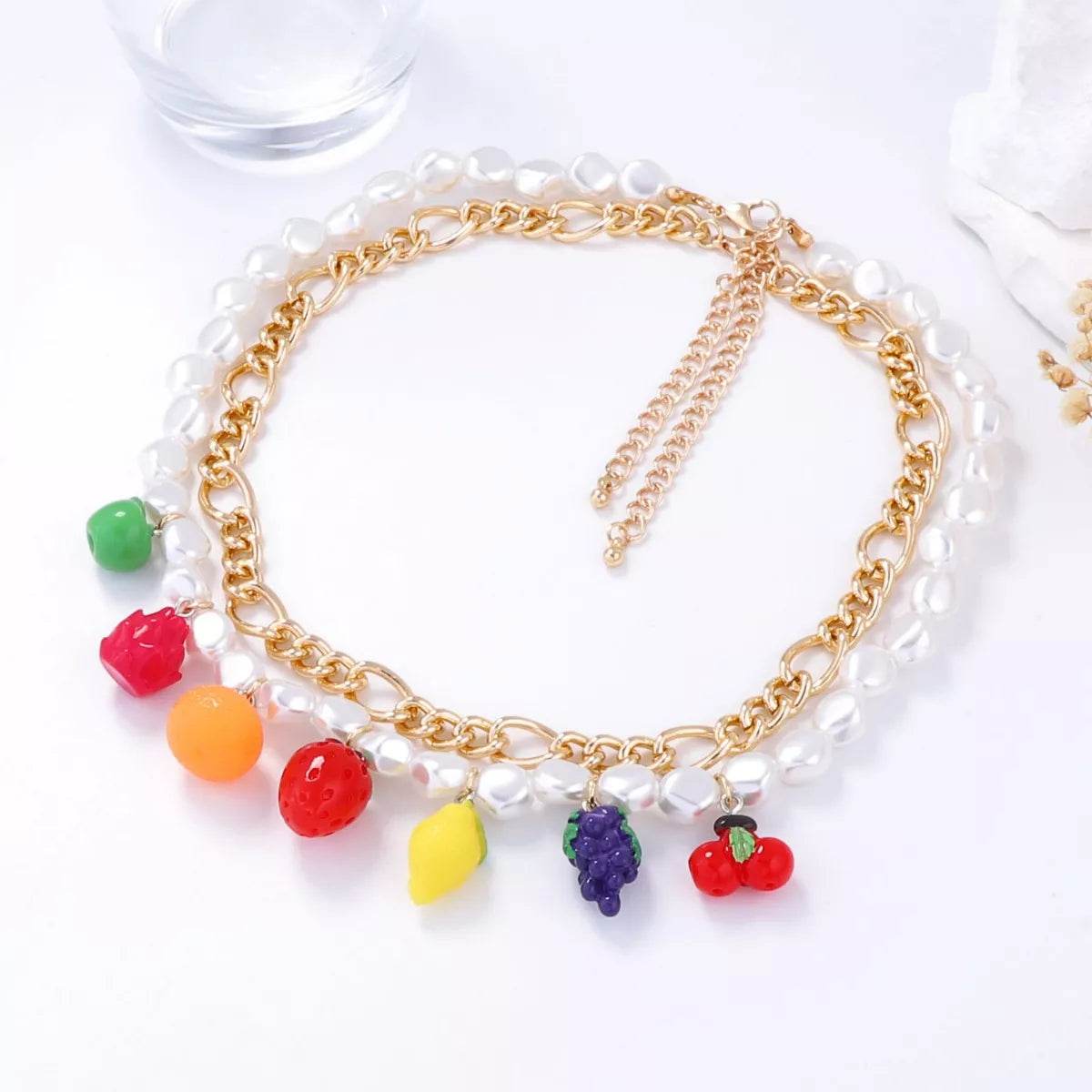 18K Gold-Plated Double Layered Necklace with Colorful Imitation Pearls - Unique Fashion Accessory