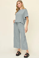 Double Take Full Size Texture Round Neck Short Sleeve T-Shirt and Wide Leg Pants Cloudy Blue