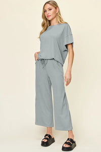 Double Take Full Size Texture Round Neck Short Sleeve T-Shirt and Wide Leg Pants Cloudy Blue