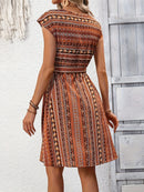Printed Round Neck Cap Sleeve Dress