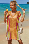 Angel Wings Openwork Striped Slit Knit Cover Up Tangerine One Size