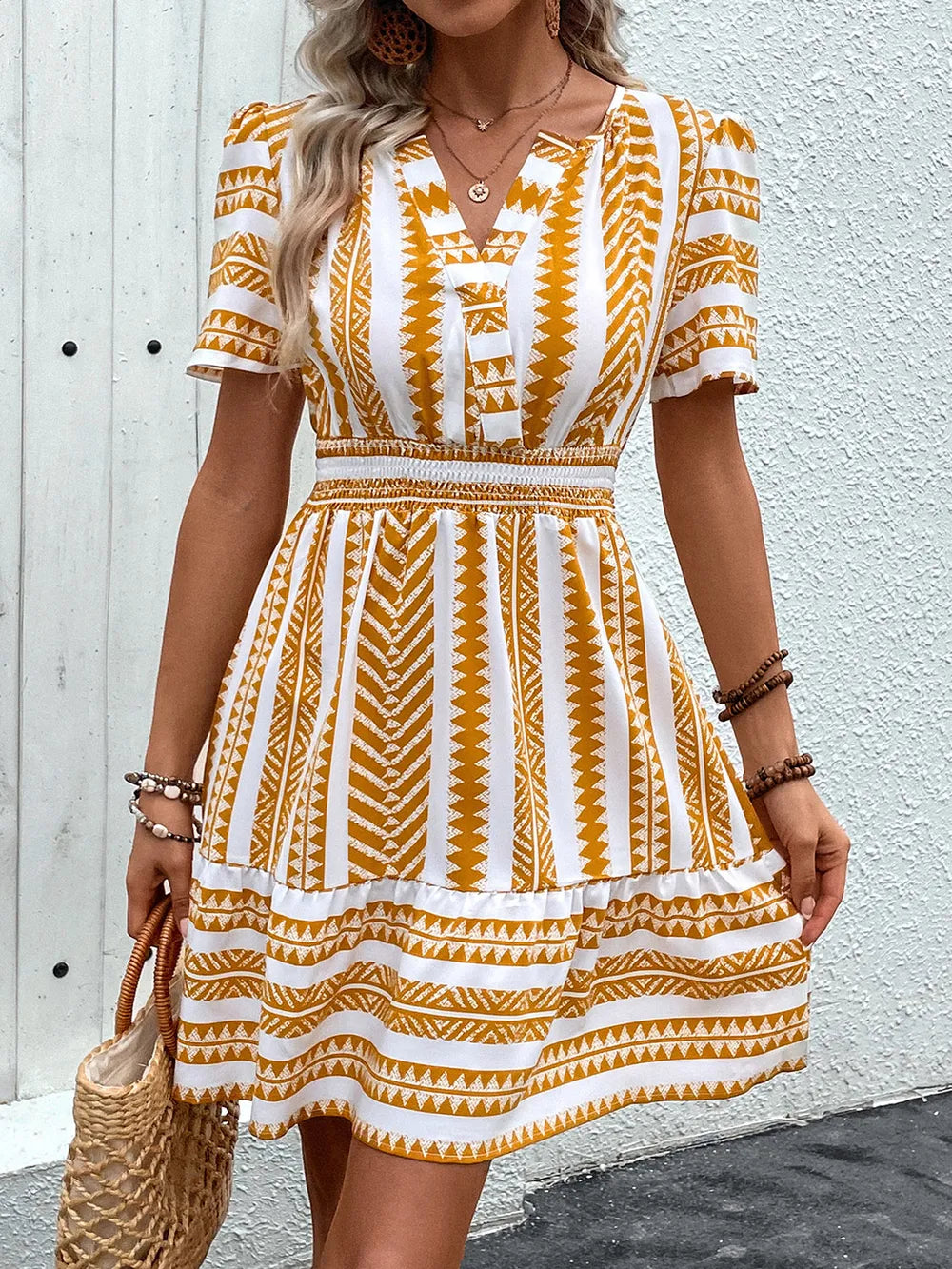 Perfee Geometric Notched Mini Dress with Short Sleeves - 100% Polyester, Opaque Style