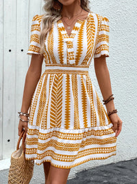 Perfee Geometric Notched Short Sleeve Mini Dress Mustard
