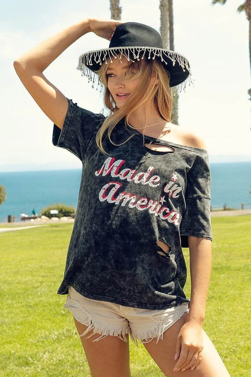 Trendy Laser Cut Mineral Washed Top with America Print - 100% Cotton Patriotic Style