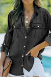 Pocketed Collared Neck Long Sleeve Denim Top Black