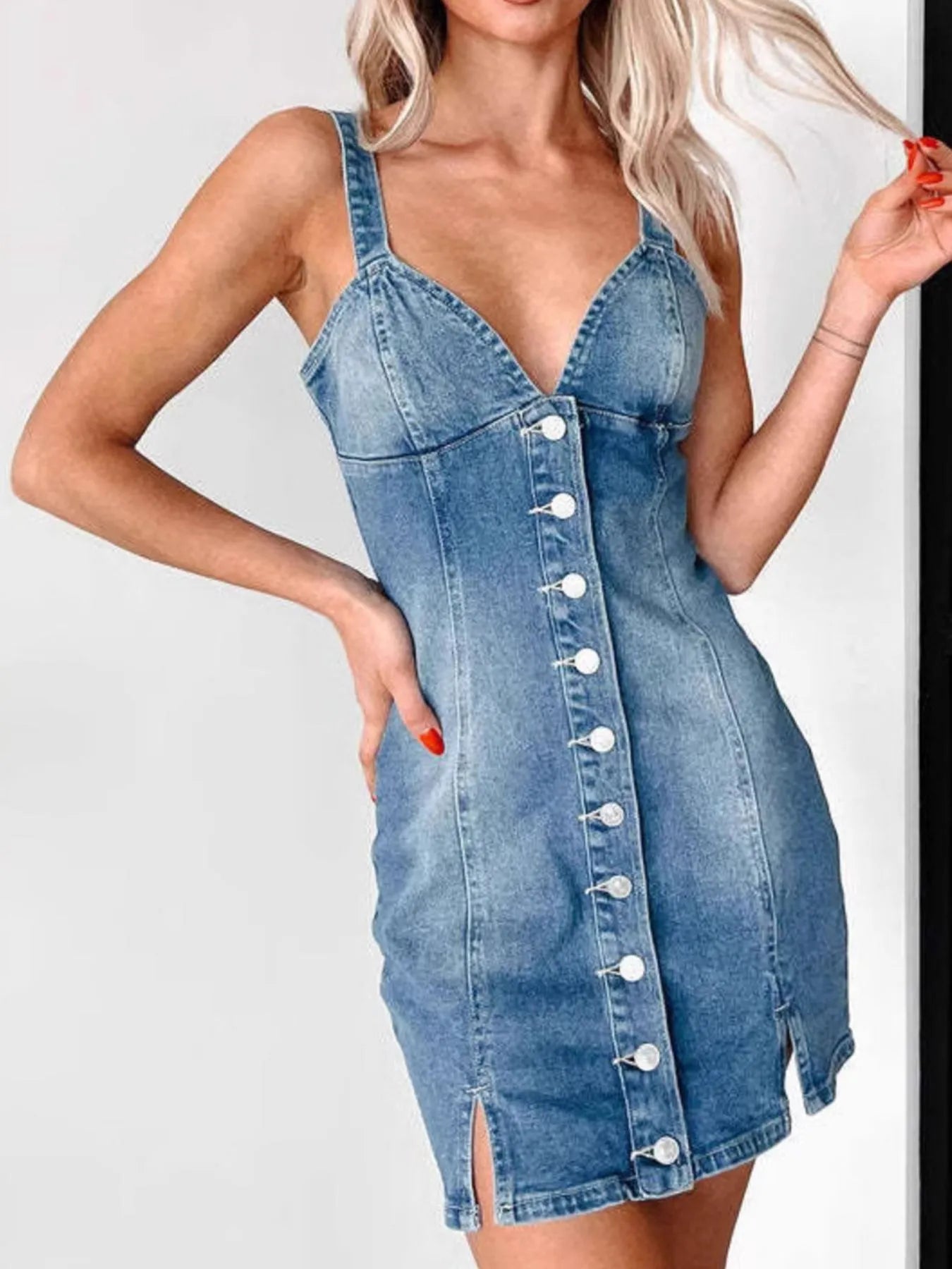 Button Front Sweetheart Neck Denim Mini Dress - Slightly Stretchy, Cotton Blend, Casual Style