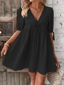 V-Neck Tie-Front Mini Dress with Puff Sleeves