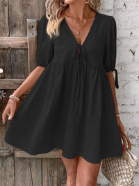 V-Neck Tie-Front Mini Dress with Puff Sleeves