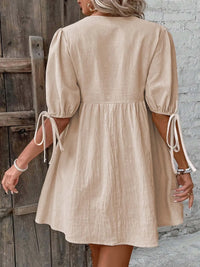 V-Neck Tie-Front Mini Dress with Puff Sleeves