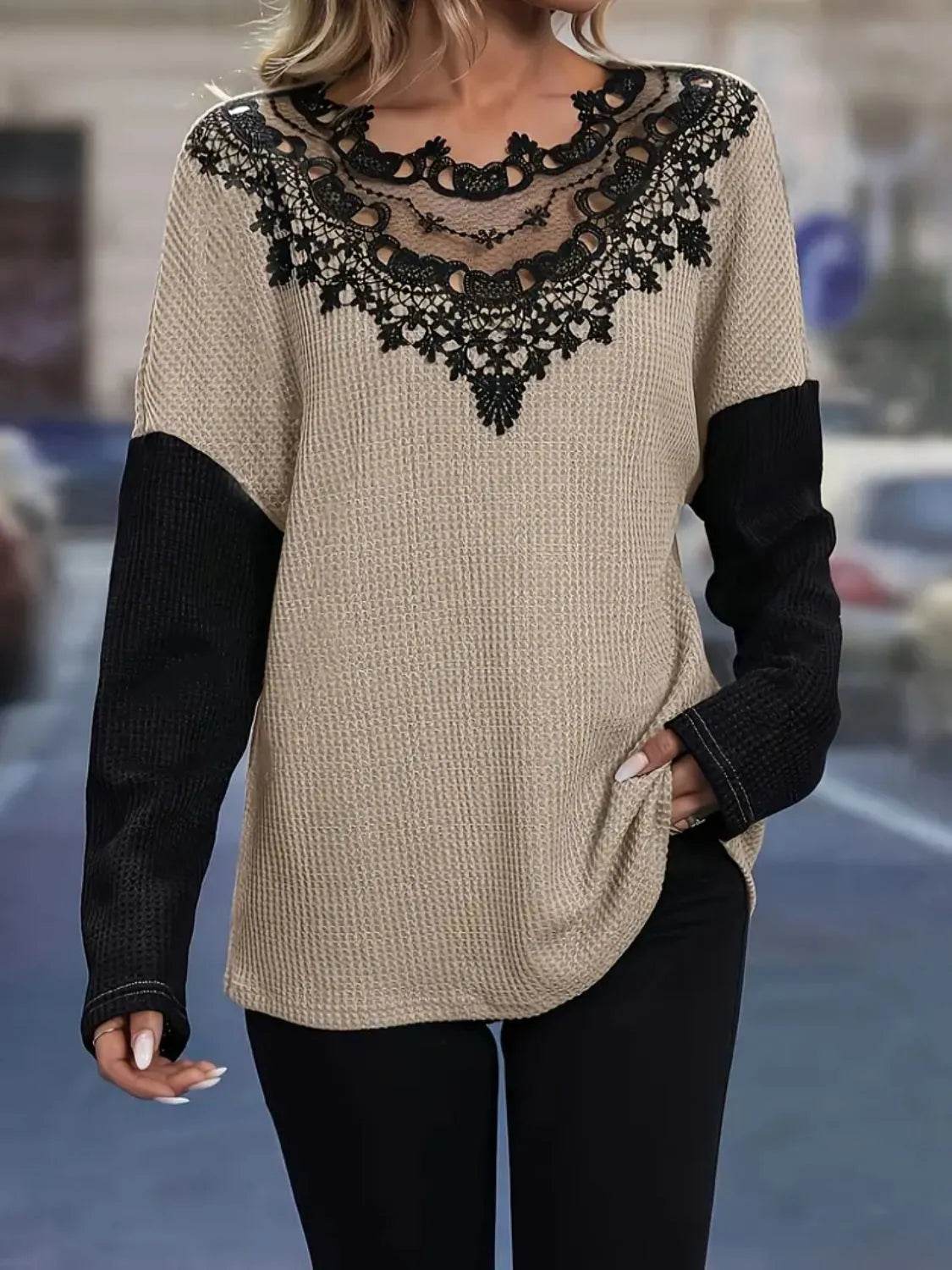 Stylish Contrast Lace Long Sleeve T-Shirt with Round Neck - Slightly Stretchy Material - Store 42