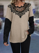 Stylish Contrast Lace Long Sleeve T-Shirt with Round Neck - Slightly Stretchy Material - Store 42