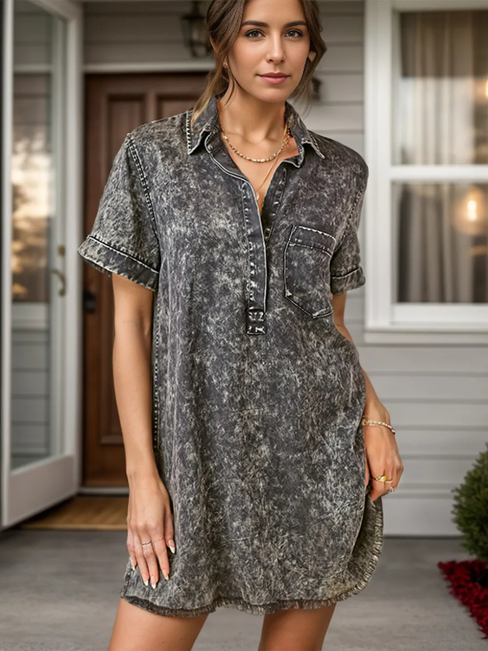Slightly Stretchy Pocketed Collared Neck Short Sleeve Denim Dress for Women