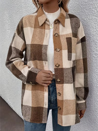 Curved Hem Plaid Collared Neck Shacket Camel