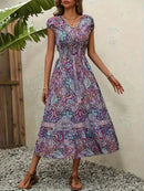 Trendy Plus Size V-Neck Midi Dress with Frill and Smocked Details, 100% Polyester - Store 42