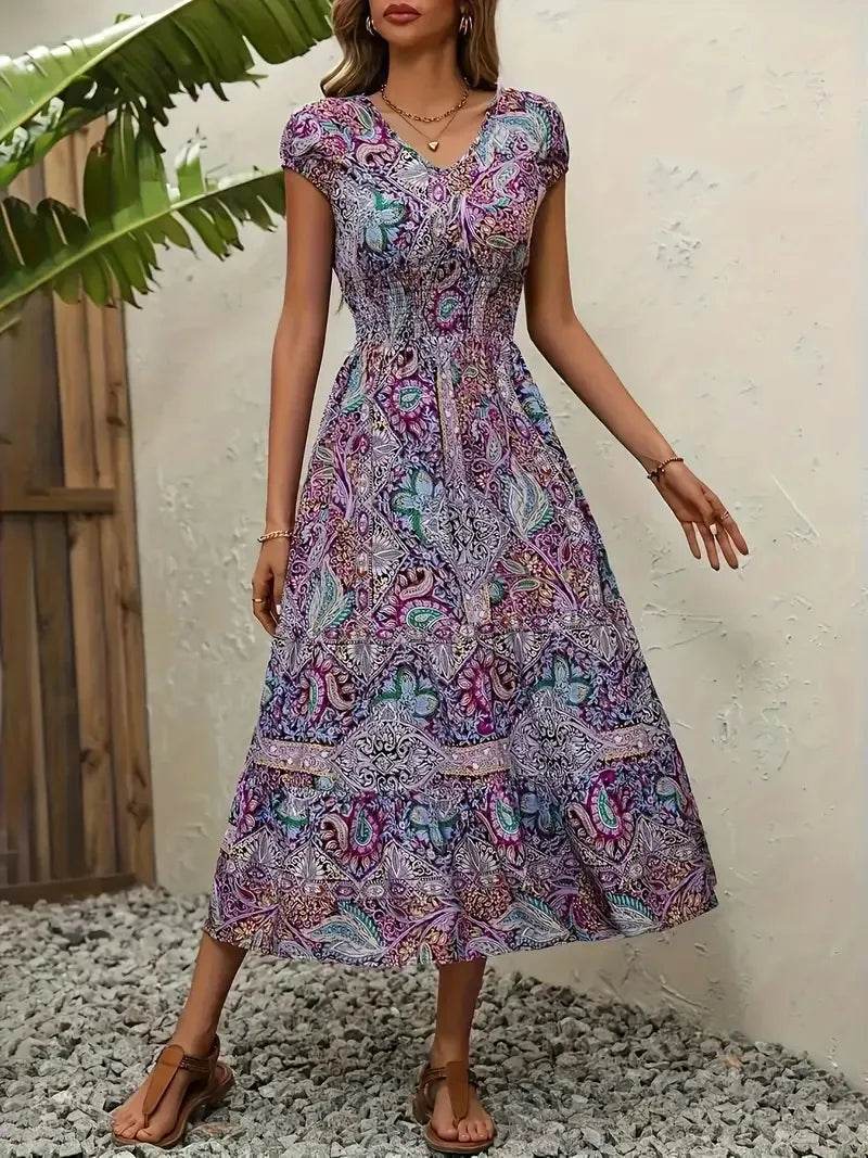 Trendy Plus Size V-Neck Midi Dress with Frill and Smocked Details, 100% Polyester - Store 42
