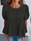 Round Neck Puff Sleeve Tiered Blouse Black