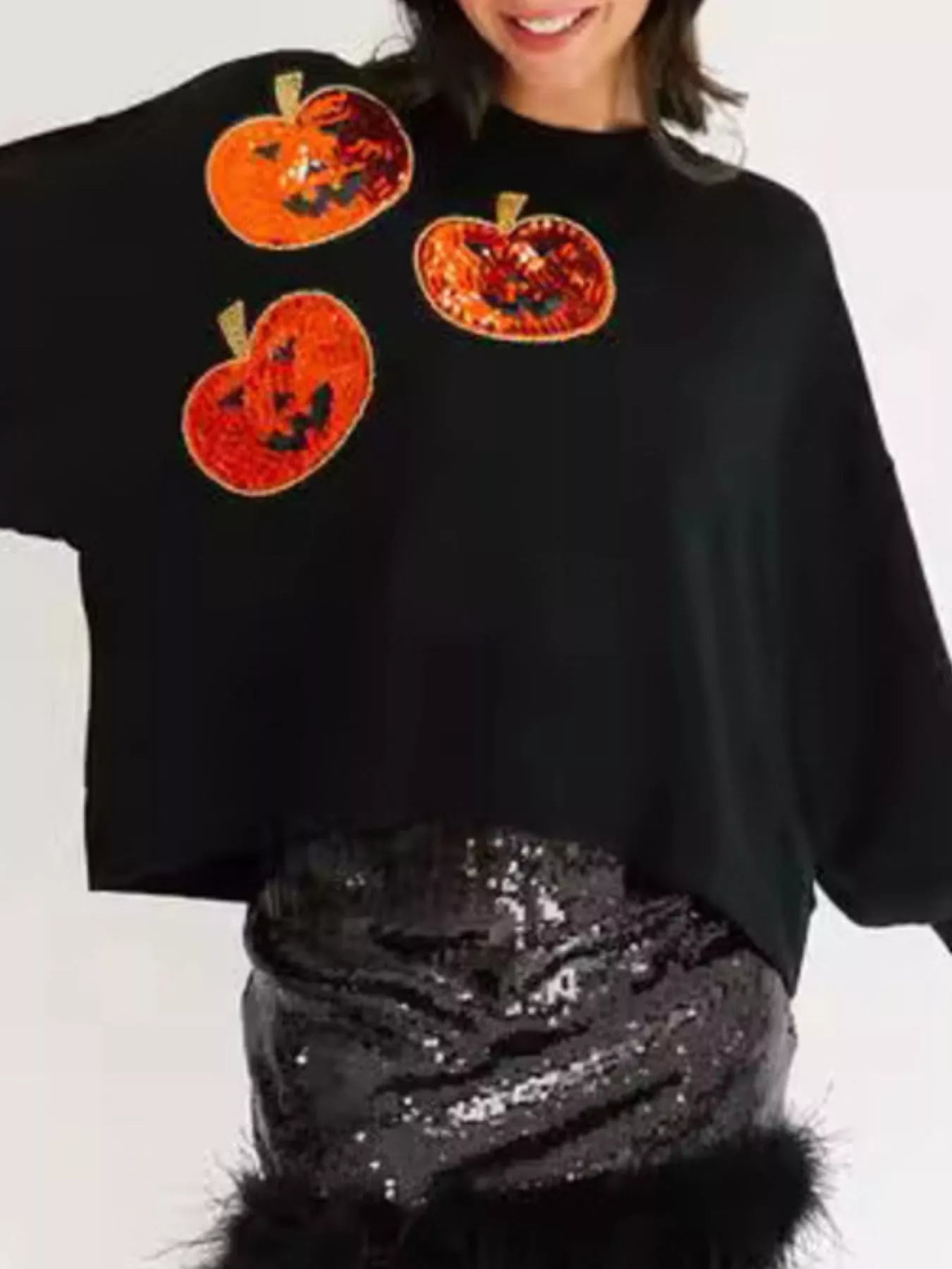 Sequin Halloween Pumpkin Round Neck Sweatshirt for Women - 100% Polyester, Stretchy Fit