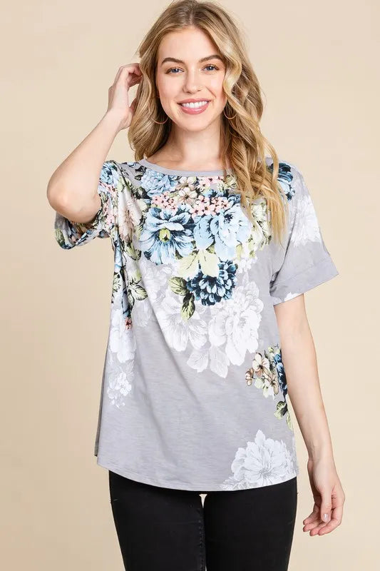 BOMBOM Floral Round Neck Short Sleeve T-Shirt - Opaque & Slightly Stretchy for Casual Style