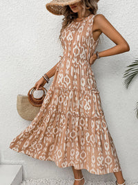 Perfee Frill Cutout Printed Round Neck Sleeveless Dress