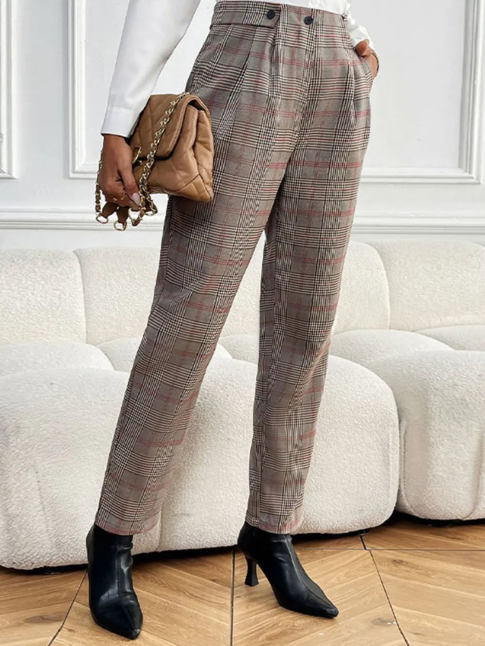 Perfee Women’s Plaid Straight Pants with Buttoned Pockets - 100% Polyester, Opaque Fabric