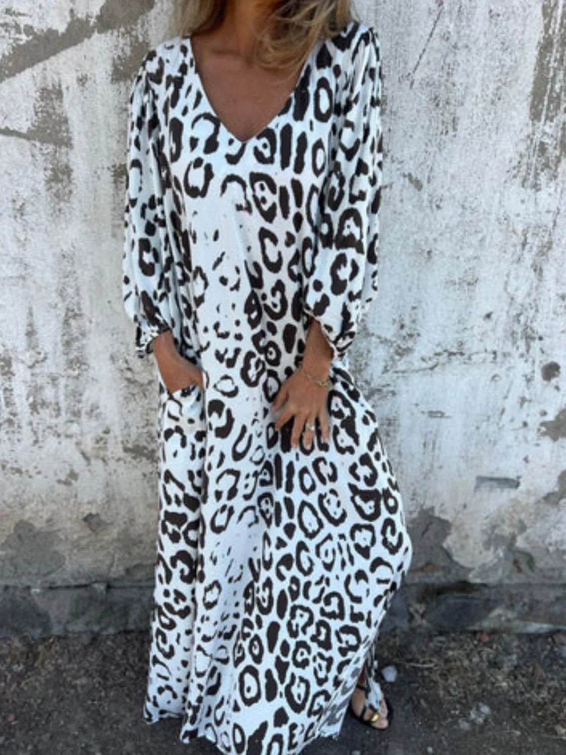 Full Size Printed V-Neck Dress with Pockets Plus Size - Store 42