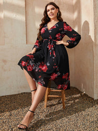 Honey Plus Size Floral Surplice Neck Tie Waist Dress - Store 42