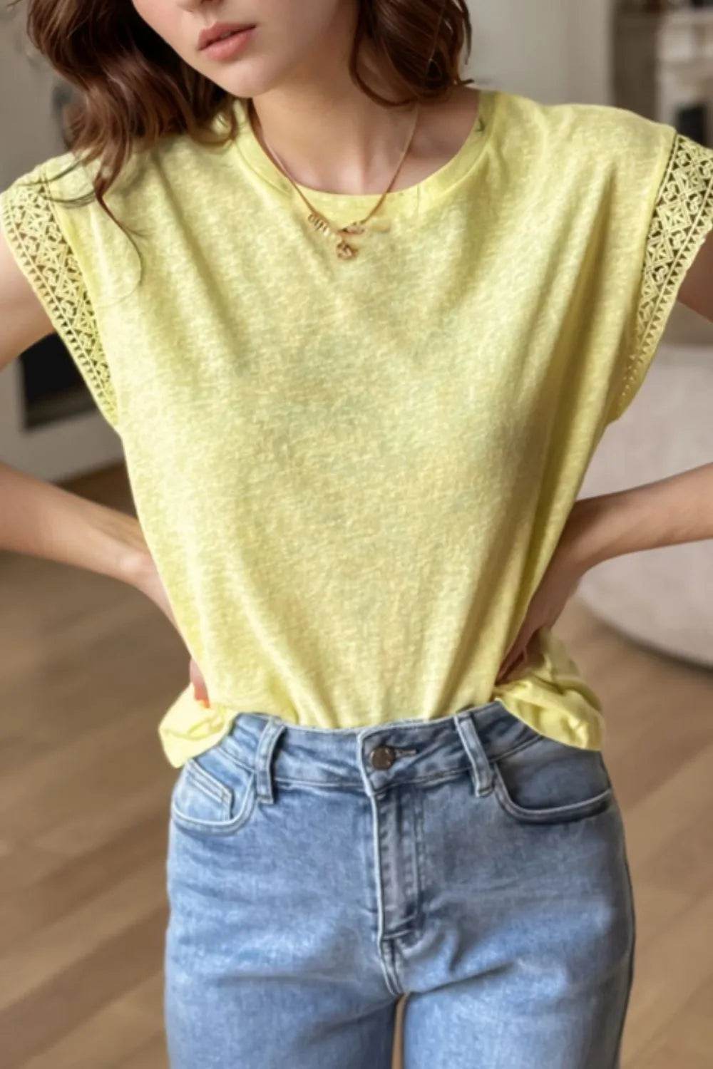 Lace Patchwork Cap Sleeve T-Shirt with Round Neck - Soft Polyester Cotton Blend