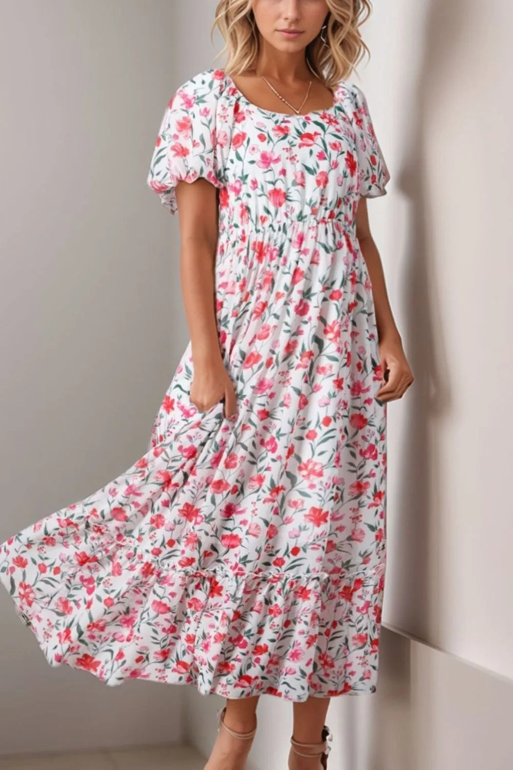 Floral Tiered Dress With Puff Sleeves - 100% Polyester, Machine Washable, Elegant Style
