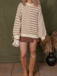 Stripe Checkerboard Drop Shoulder Balloon Sleeve Sweater