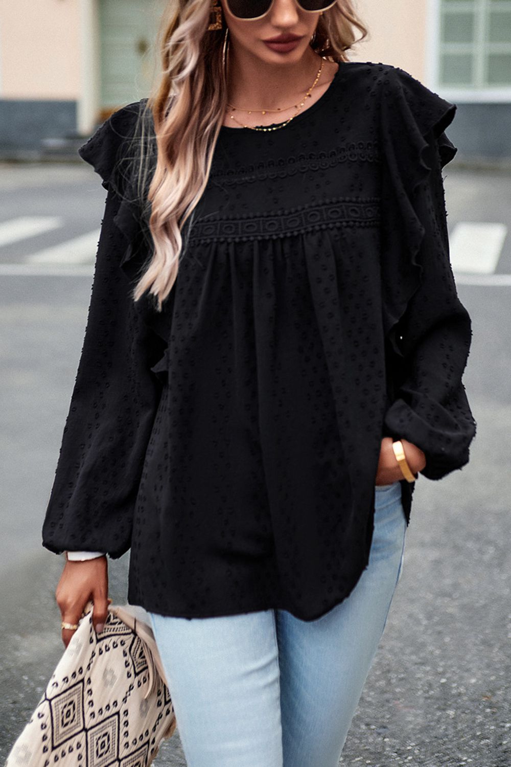 Trendy Devine Ruffle Trim Balloon Sleeve Casual Blouse - Solid Polyester, Round Neck, Long Sleeves