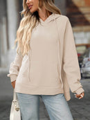 Slightly Stretchy Textured Drawstring Long Sleeve Hoodie with Pocket - Trendy Casual Wear - Store 42
