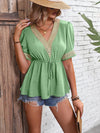 Ivy Lane Casual Contrast V-Neck Babydoll Top with Tie Detail - 100% Polyester, Slightly Stretchy - Store 42