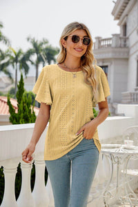 Trendsi Eyelet Flutter Sleeve Semi-Sheer Round Neck Casual Top - 100% Polyester - Store 42