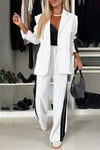Full Size Contrast Lapel Collar Top and Pants Set White