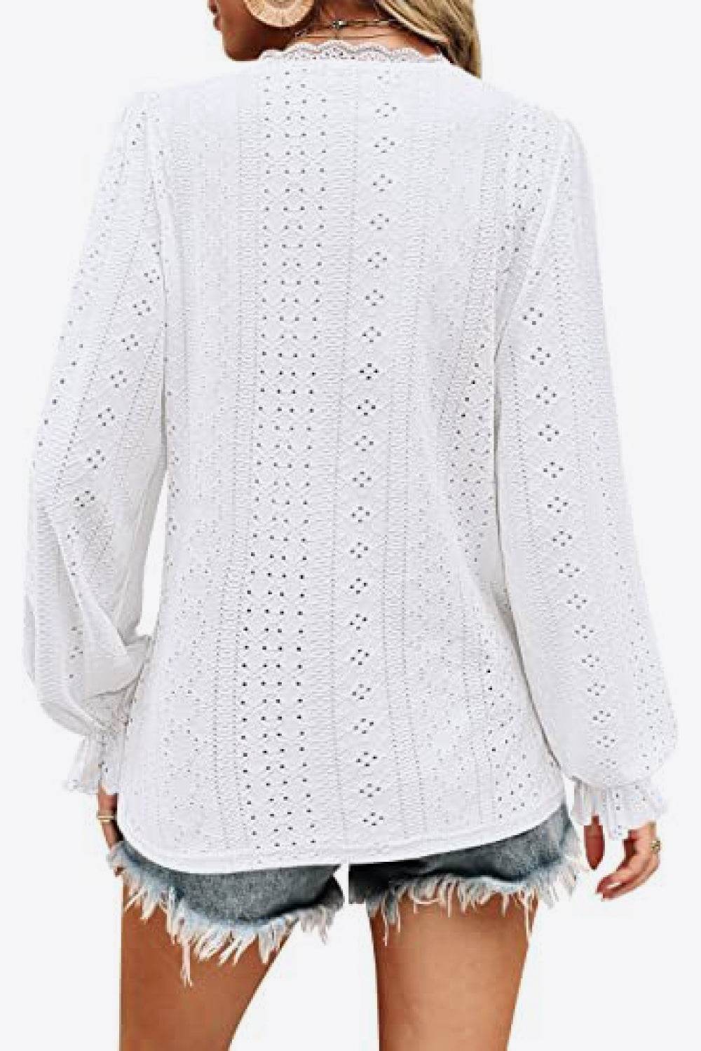 Trendy Eyelet V-Neck Blouse with Flounce Sleeves - Opaque, Highly Stretchy, Lined - 100% Polyester - Store 42