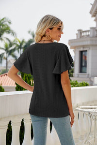 Trendsi Eyelet Flutter Sleeve Semi-Sheer Round Neck Casual Top - 100% Polyester - Store 42