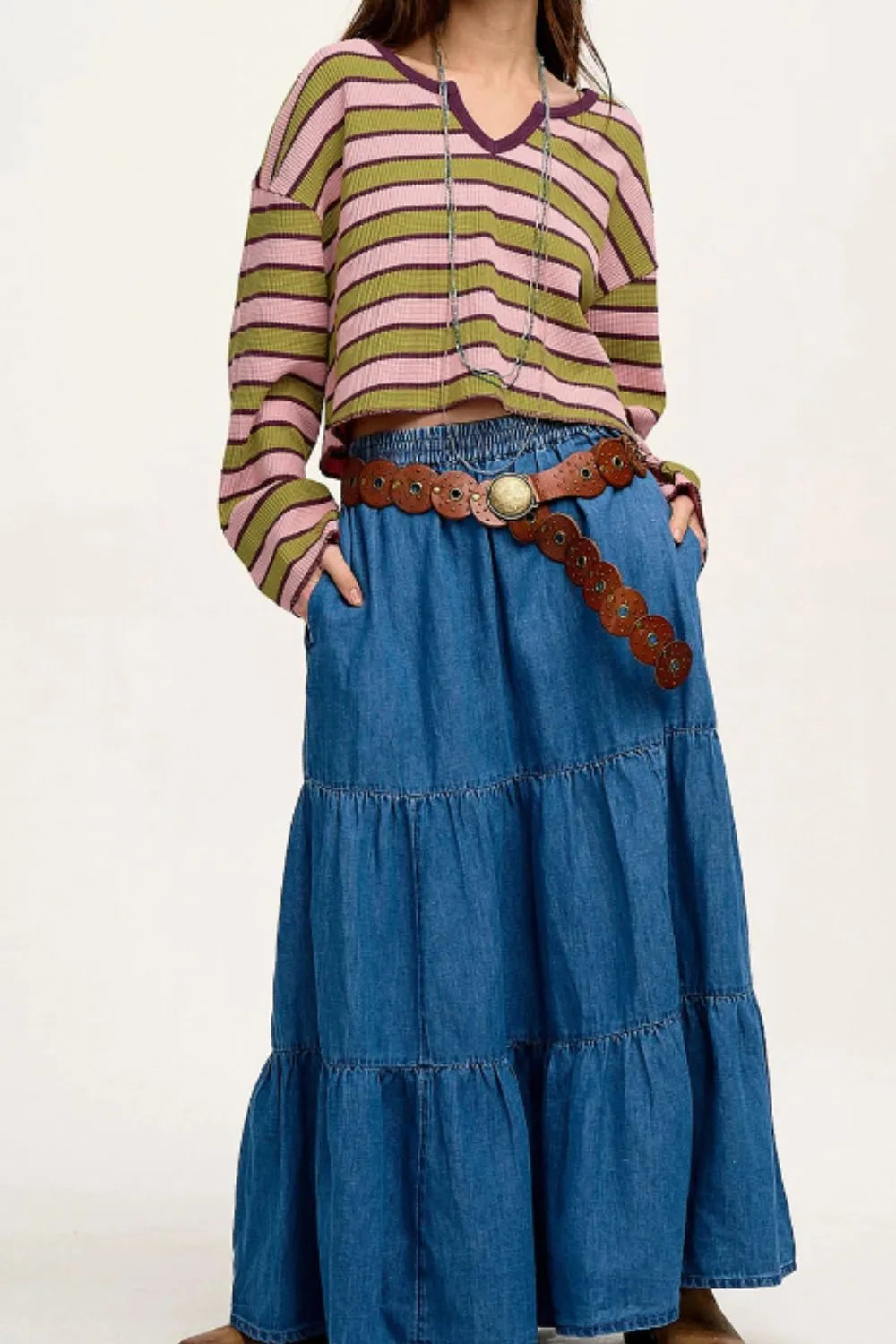 Trendy Striped Notched Long Sleeve T-Shirt - Opaque & Slightly Stretchy, Perfect for Everyday Wear
