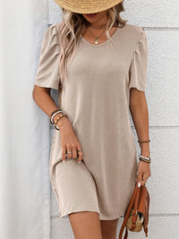 Textured Round Neck Short Sleeve Mini Dress