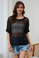 Openwork Round Neck Half Sleeve Knit Cover Up Black