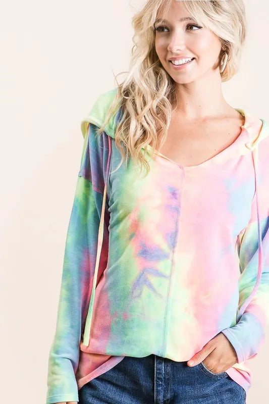 BiBi Tie Dye Terry Long Sleeve Hoodie - Soft, Cozy & Trendy, Perfect for Lounge and Errands