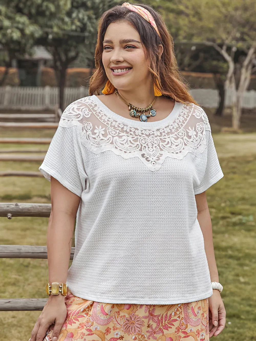 Chic Plus Size Lace Detail Semi-Sheer Round Neck Short Sleeve Top by Trendsi