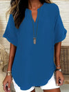 Casual Notched Short Sleeve Blouse Blue
