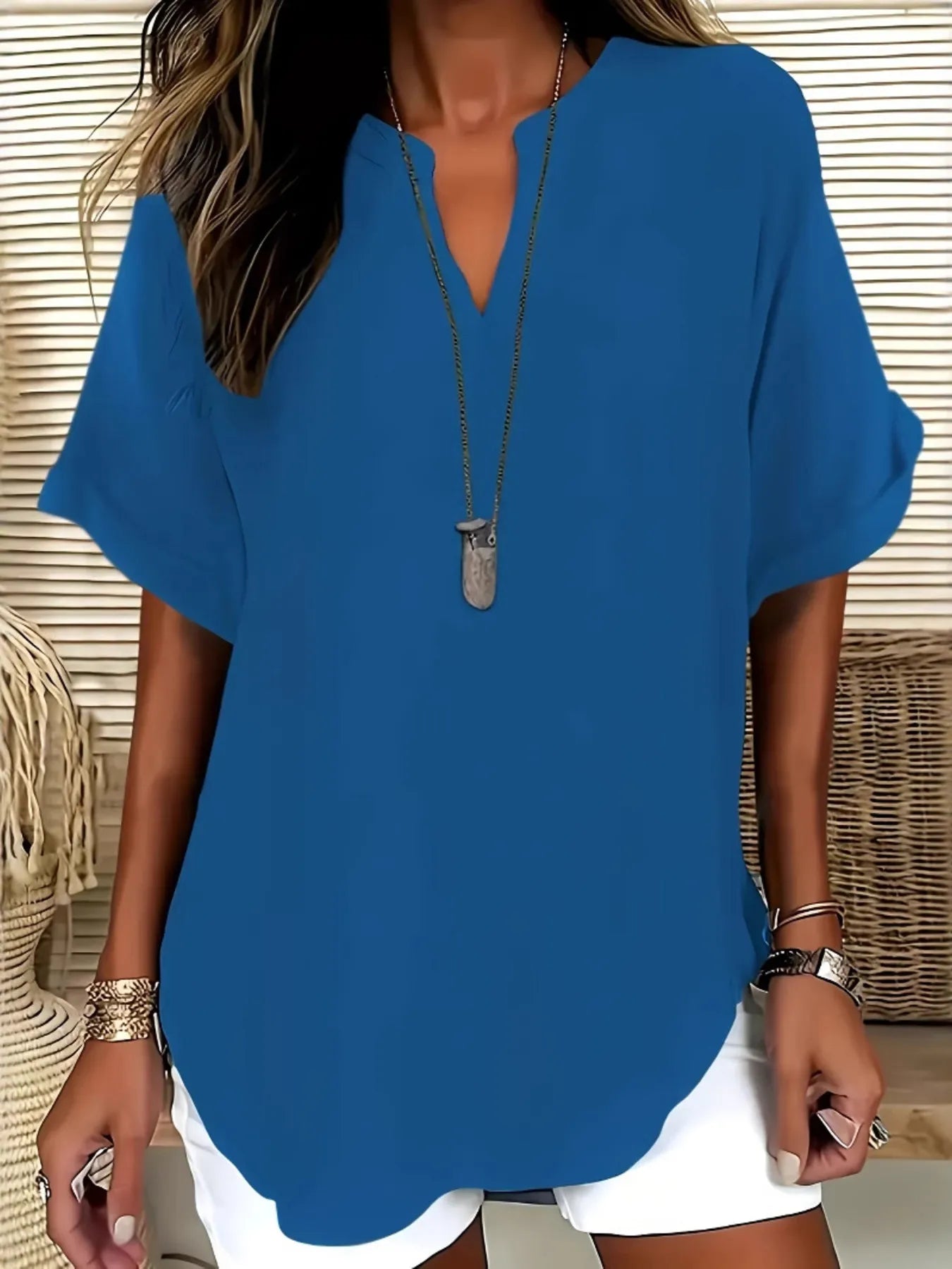 Casual Notched Short Sleeve Blouse Blue
