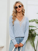 Lace Detail V-Neck Blouse with Ribbed Texture - Opaque, Slightly Stretchy Fabric - Store 42